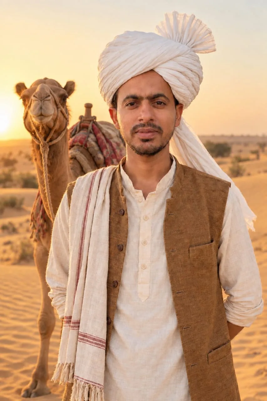 Jonshan in a white turban and nehru jacket, a saddled camel behind him on the dunes at sunset